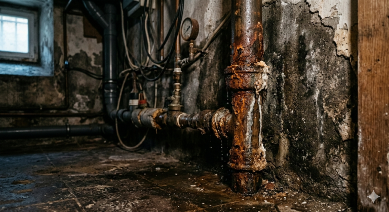 Canalisation d&eacute;t&eacute;rior&eacute;e par corrosion et humidit&eacute;