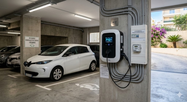 Borne de recharge IRVE install&eacute;e dans un parking de copropri&eacute;t&eacute; &agrave; Nice (06)